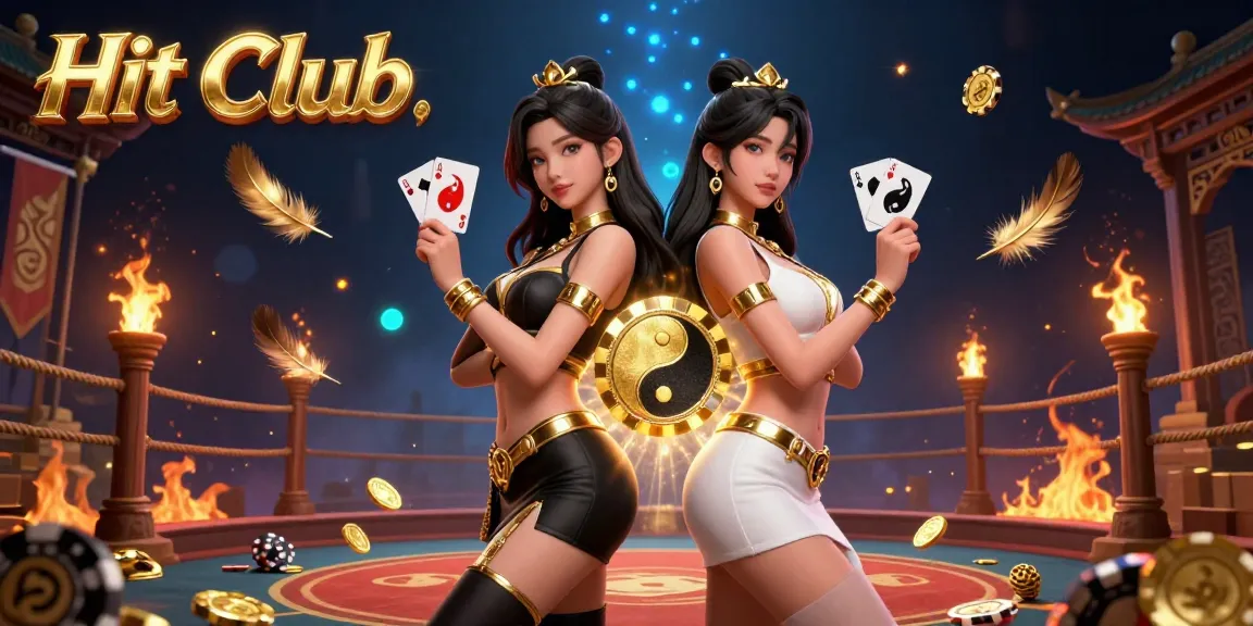 Experience excitement at Hit Club with stunning visuals of twin Asian women holding playing cards in a vibrant casino setting.