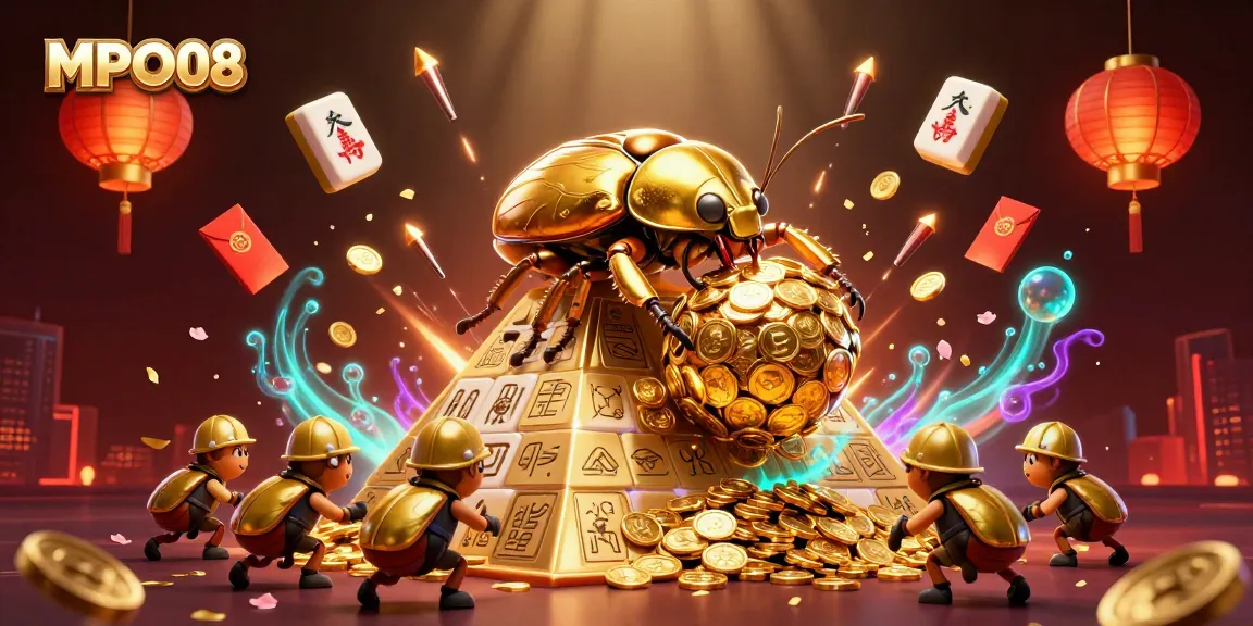 MPO08 offers players an engaging experience with golden coins and vibrant casino symbols in a dynamic 3D scene.