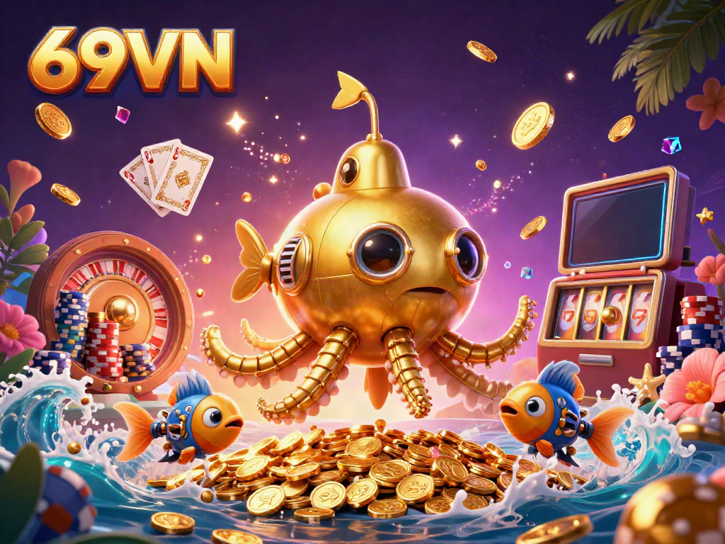 Engage in thrilling gameplay at 69VN with golden kraken submarine and cascading coins.