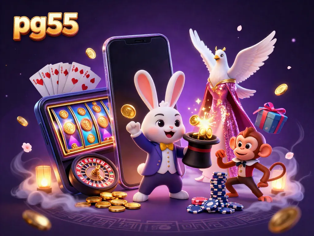 Engage in exhilarating gameplay with pg55 as a magician rabbit conjures coins, enlivened by thematic casino elements.