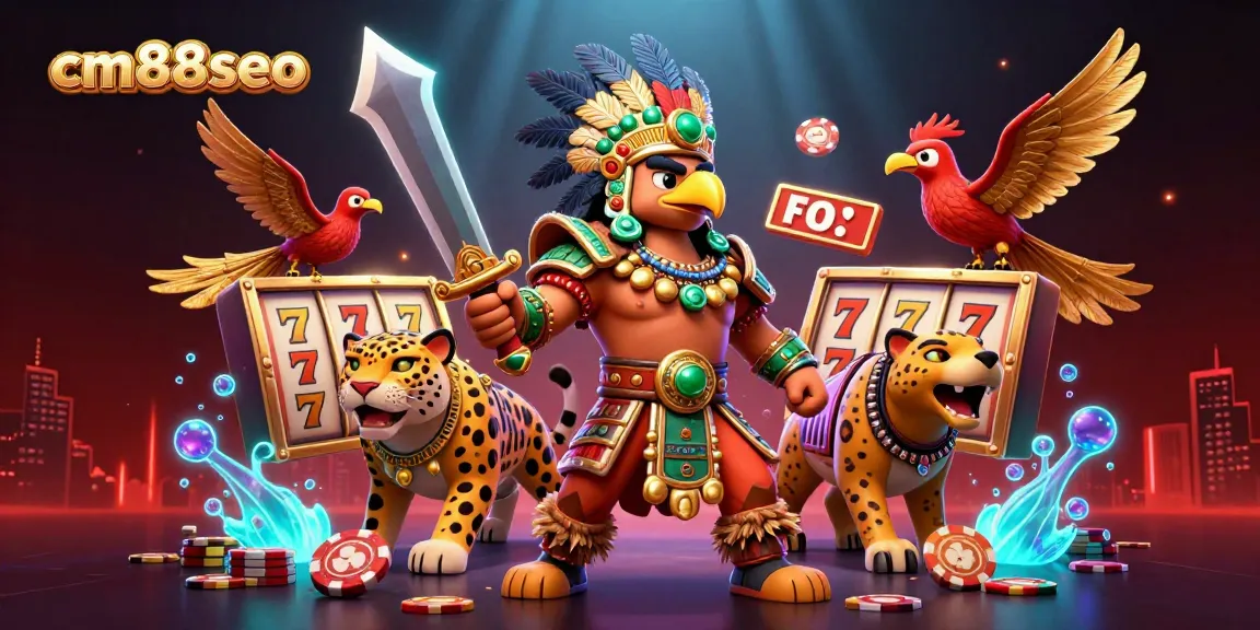Boost your gaming thrill with cm88seo's vibrant casino illustration featuring Aztec warriors and slot reels.