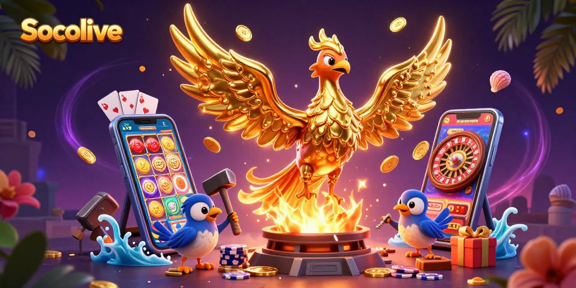 Socolive showcases immersive gaming experiences with a vibrant phoenix and dynamic casino elements.