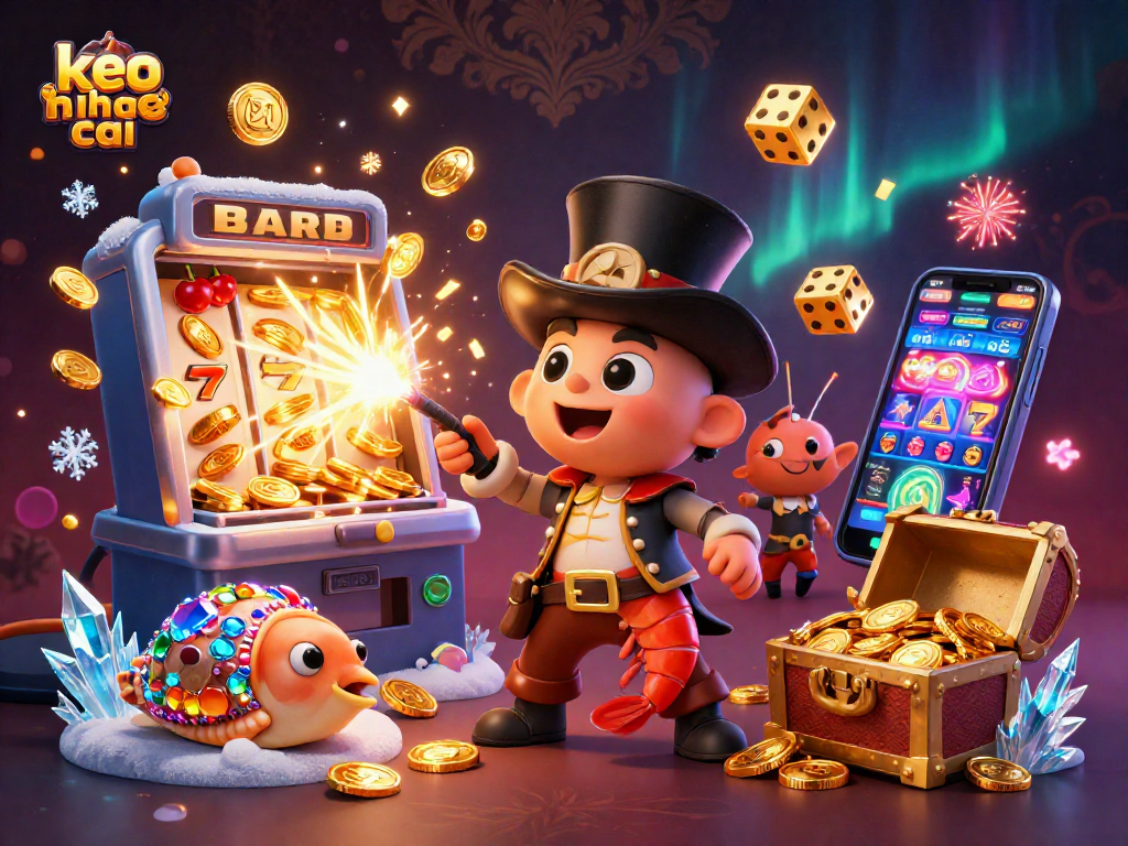 Engage with keo nha cai excitement through vibrant 3D casino illustration showcasing dynamic characters and game elements.