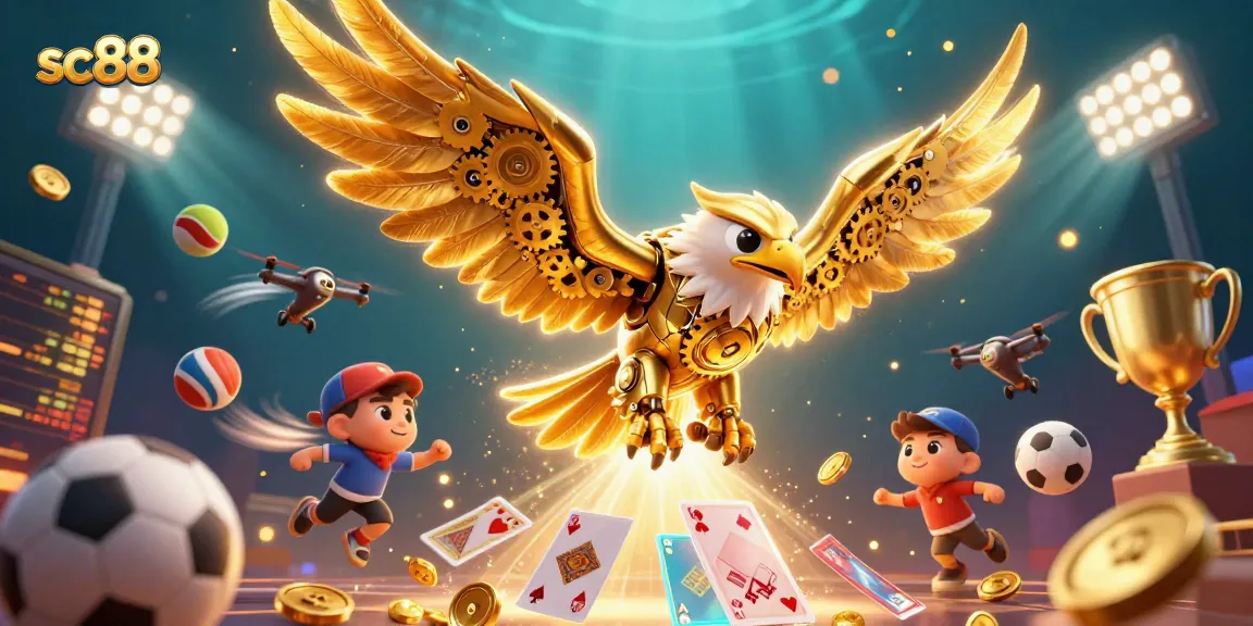 Experience thrilling gameplay at SC88 with the golden eagle diving through dynamic sports elements.