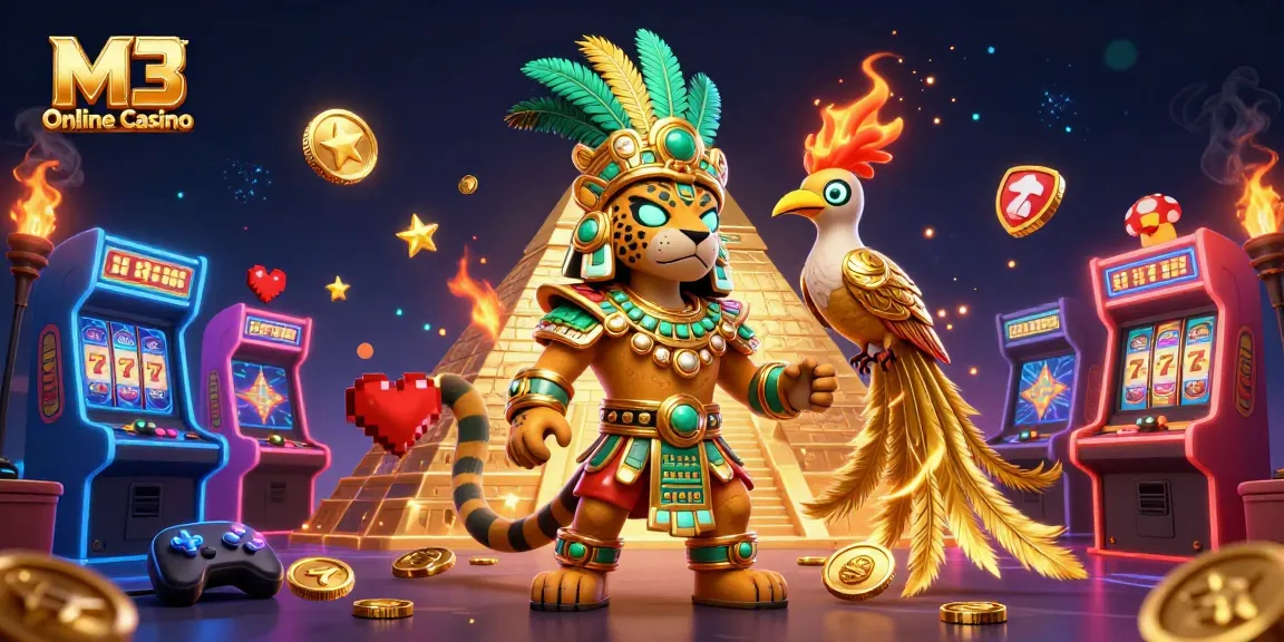 Engage with M3 Online Casino featuring a vibrant Mayan-themed scene filled with colorful gaming elements and dynamic action.