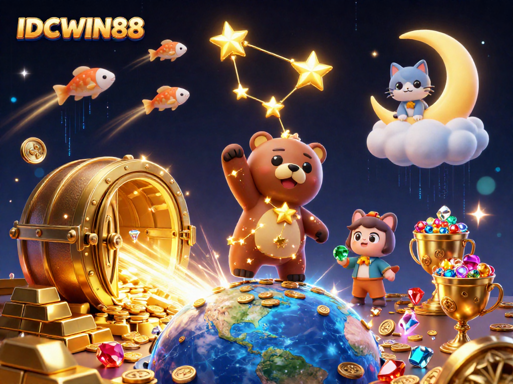 IDCWIN88 showcases a vibrant scene of fortune and excitement with characters scooping coins amidst dynamic casino elements.