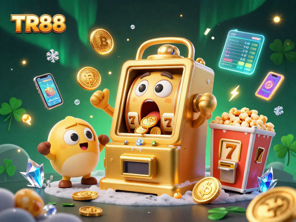 TR88's golden slot machine hits a jackpot amidst cheering mini machines and crypto coins