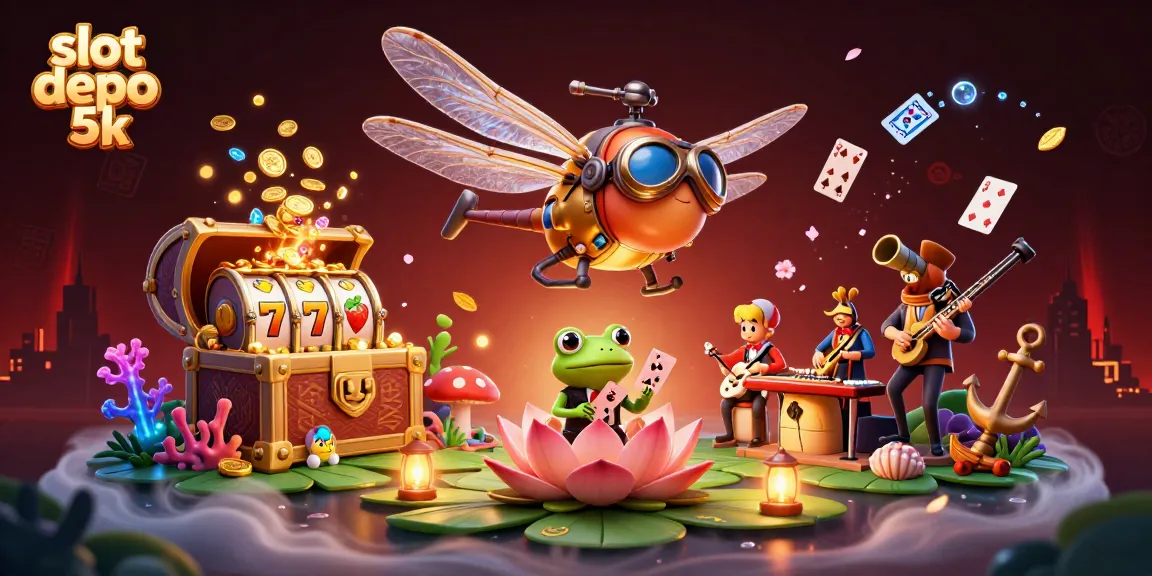 Engage with slot depo 5k as a dragonfly pilot hovers above a vibrant lily pad casino scene.