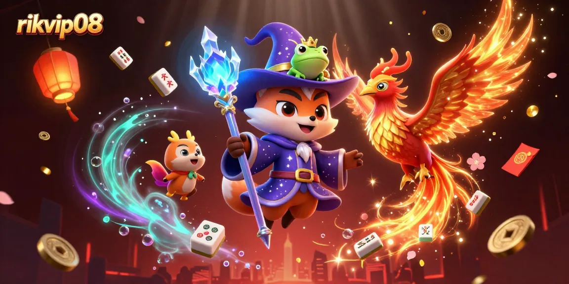 Experience the vibrant magic of rikvip08 with a whimsical illustration of a wizard fox, phoenix, and rich casino elements.