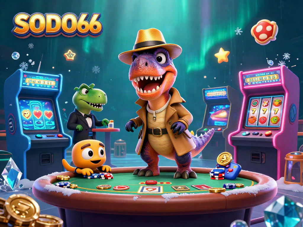 SODO66 brings excitement as a velociraptor card counter at a dynamic blackjack table, surrounded by vibrant casino elements.