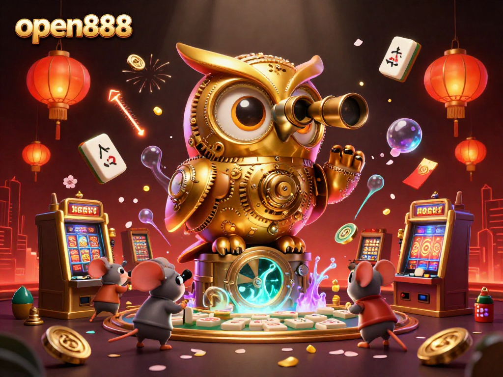 Join the excitement at open888 with a 3D clockwork owl perched above vibrant casino elements.