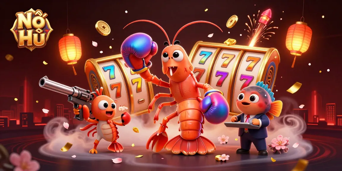 Nổ Hũ celebrates exciting jackpot spins with vibrant 3D characters and traditional elements, offering an engaging gaming atmosphere.