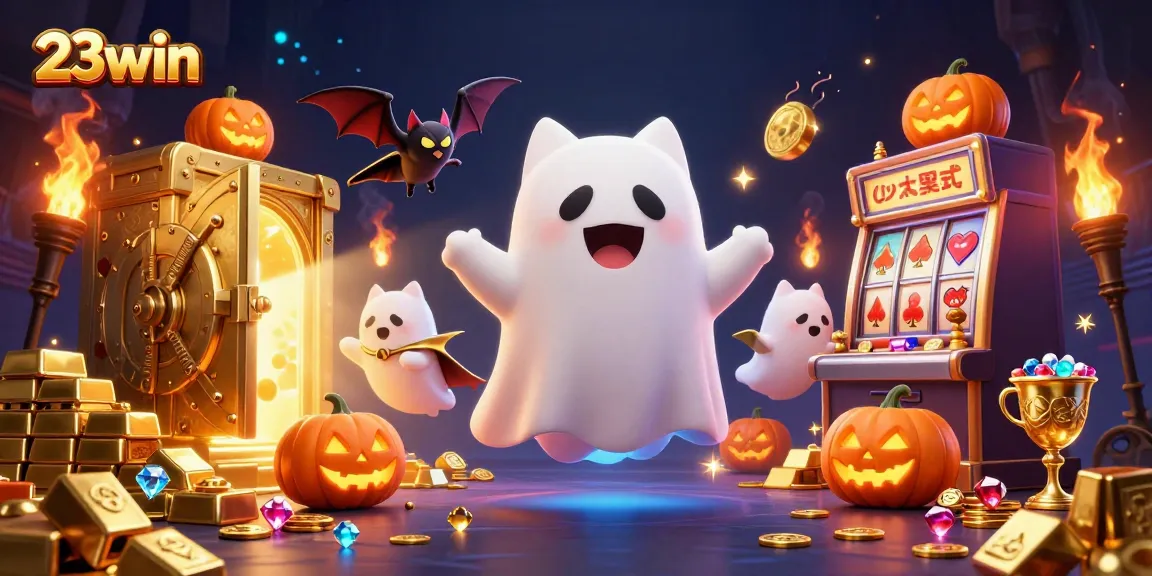 Experience the thrill of 23win as a friendly ghost cat and vampire bat explore a haunted casino.