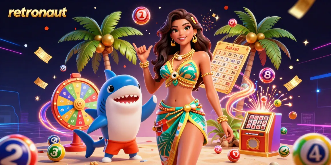 Experience an exciting retronaut-themed casino scene with vibrant elements depicting lottery games and animated characters.