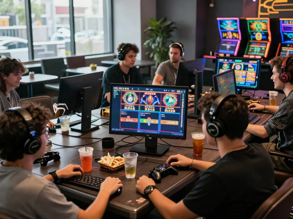 Friends engaged in dynamic online gambling experience with akunjp in a vibrant casino setup.
