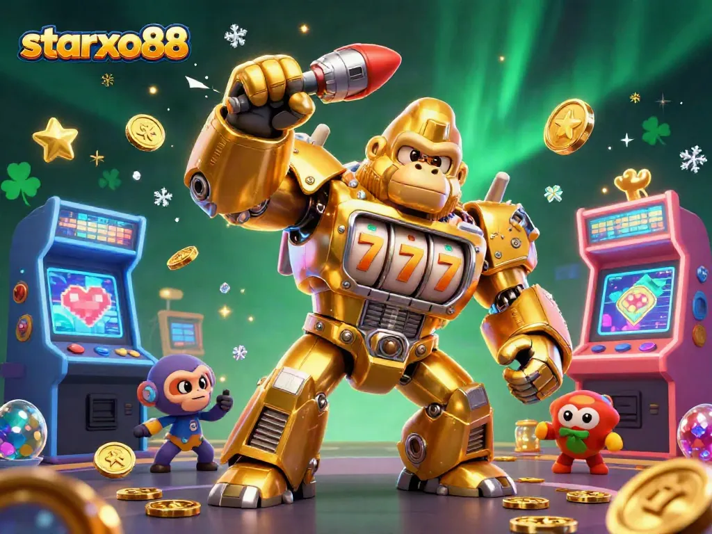 Engage in thrilling gameplay with starxo88's dynamic casino illustration featuring a golden gorilla mech.