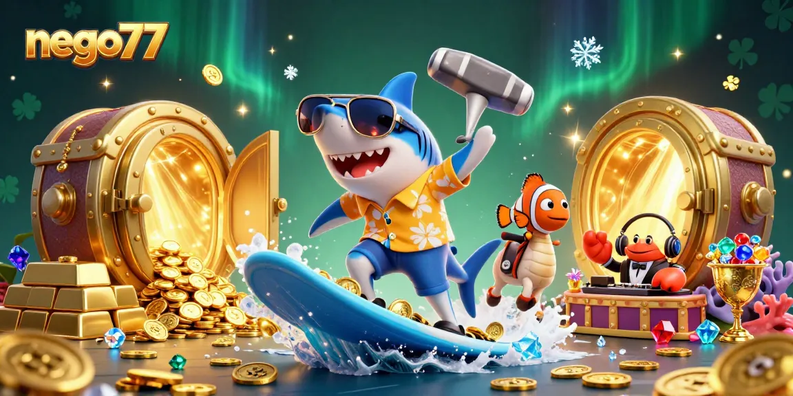 Experience thrilling wins with nego77 as a shark surfs gold coins and jackpots in a vibrant casino