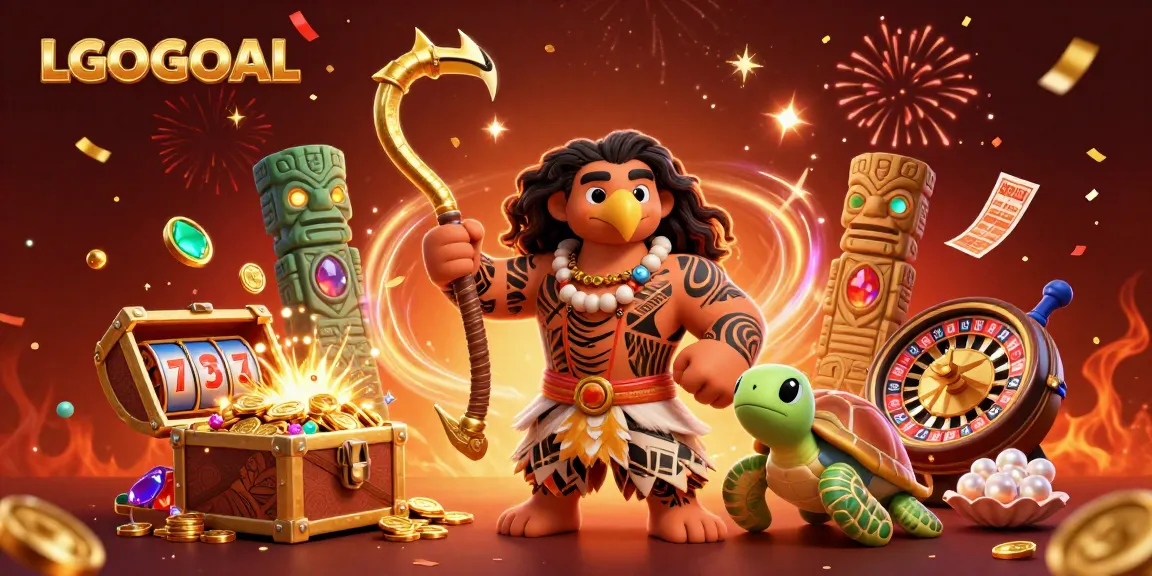 Engage with LGOGOAL's vibrant gaming universe showcasing a Polynesian-style demigod and rich casino elements.