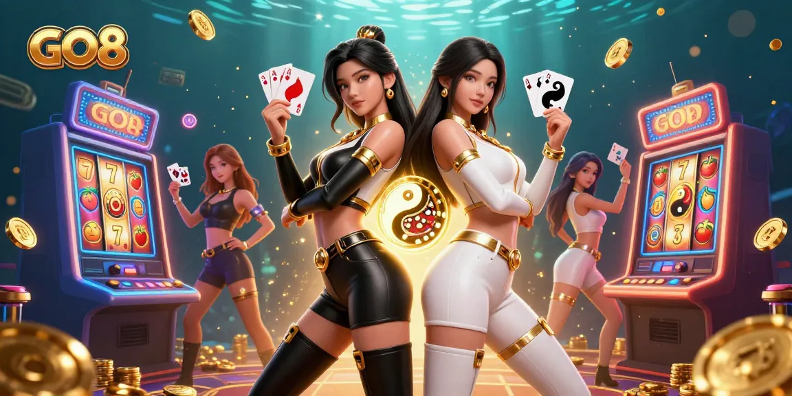 Experience dynamic gameplay at GO8 as twin gamblers showcase their winning cards amidst vibrant slot machines.
