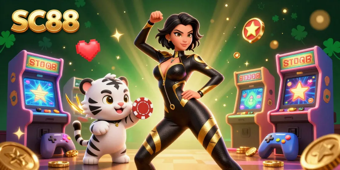 Experience the excitement of SC88 as a semi-realistic woman poses with a playful white tiger and poker chips.