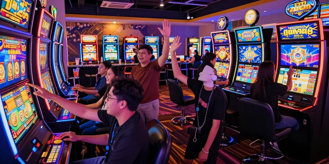 Friends enjoying slot gacor 4d game in a vibrant casino environment, celebrating wins surrounded by colorful machines.