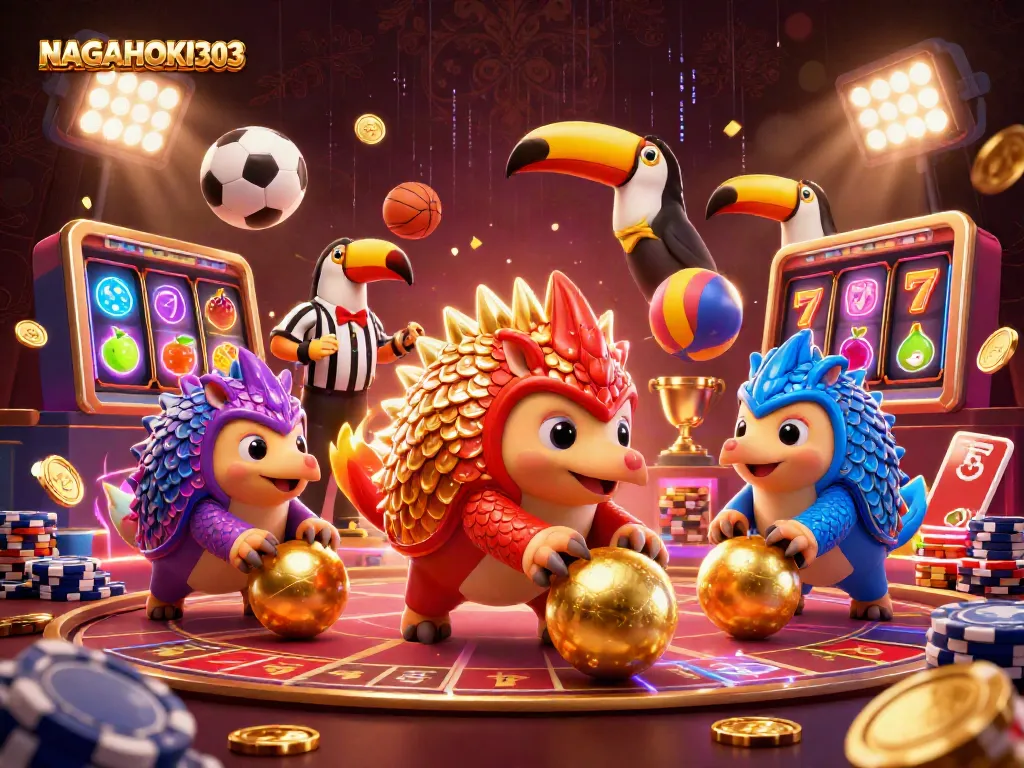 NAGAHOKI303 menghadirkan pangolins bersaing di arena perjudian dengan efek slot dan elemen kasino.