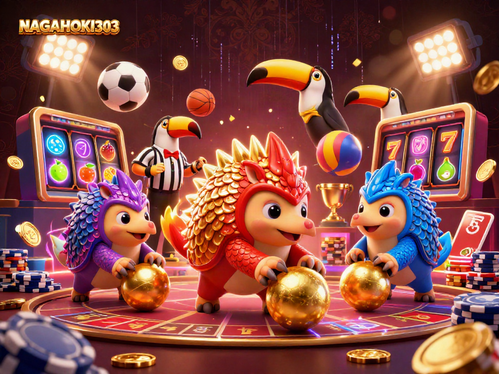 NAGAHOKI303 menghadirkan pangolins bersaing di arena perjudian dengan efek slot dan elemen kasino.