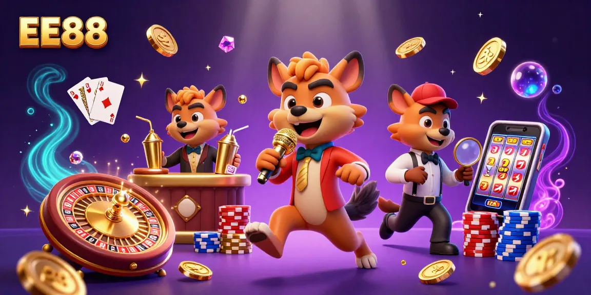 Experience the vibrant energy of EE88 with hyenas at a comedy casino club, featuring sparkling gems and golden coins.