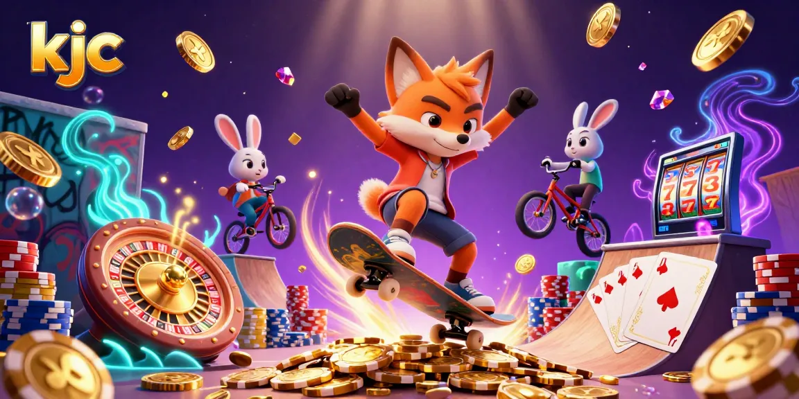KJC showcases thrilling casino action with a skateboarder fox and BMX-riding rabbit amid flying coins and poker chips.