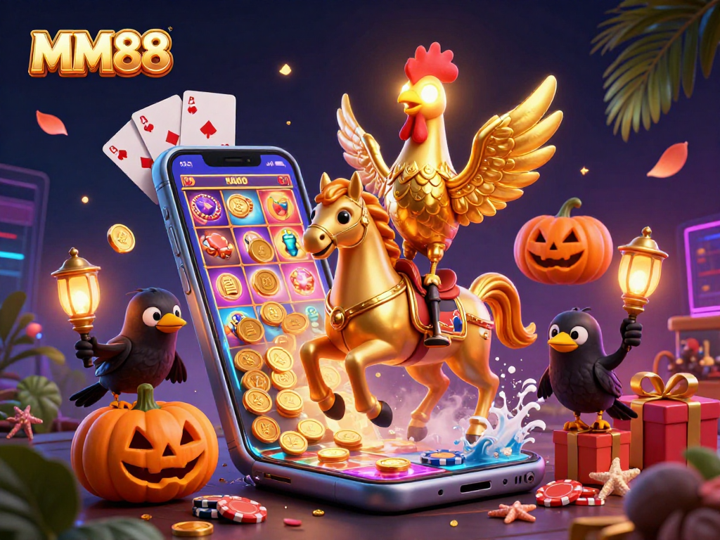 MM88 captivates players in a thrilling casino scene with a golden rooster and exciting game elements.