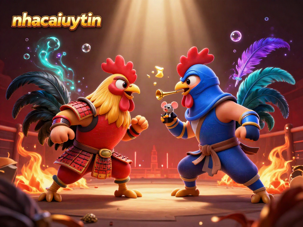 Experience the thrill of nhacaiuytin cockfighting with cartoon roosters in an intense standoff.