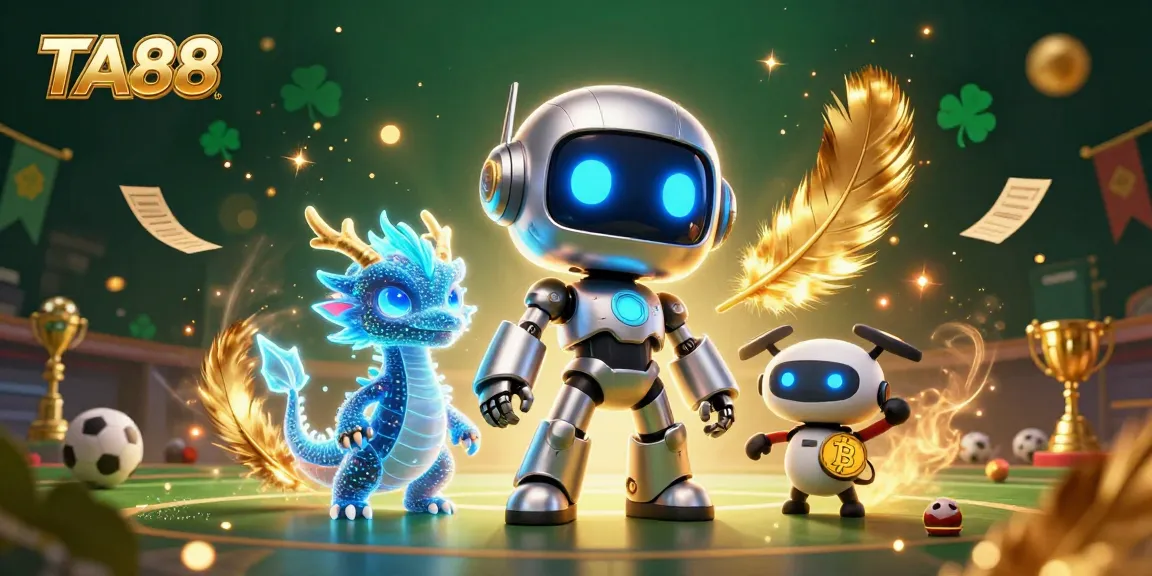 TA88 sports betting illustration featuring a cyberpunk mascot, AI dragon, and bitcoin drone.