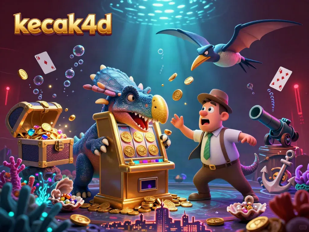 Experience the thrill of kecak4d with cartoon dinosaurs celebrating slot machine wins amid a vibrant underwater scene.