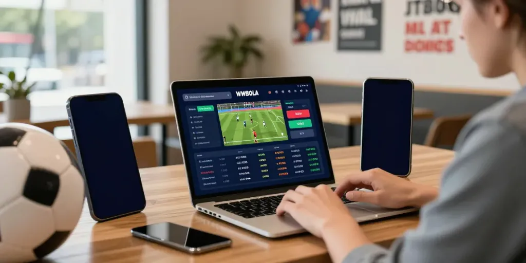WWBOLA user analyzing sports betting odds on a tablet in a modern café setting.