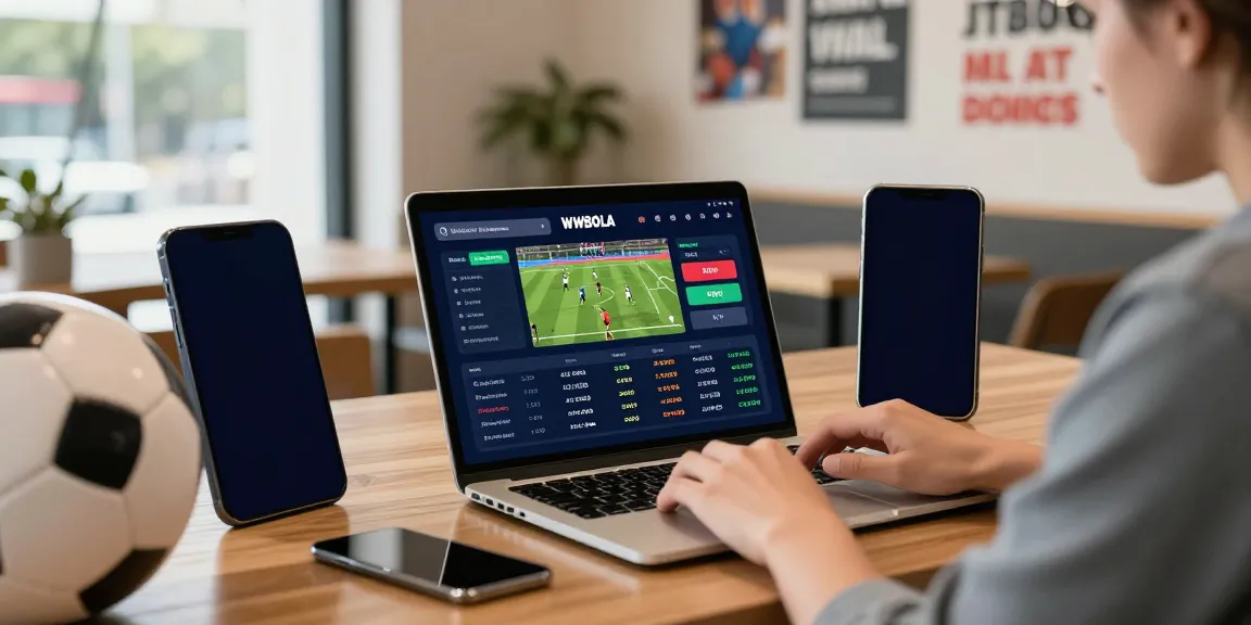 WWBOLA user analyzing sports betting odds on a tablet in a modern café setting.