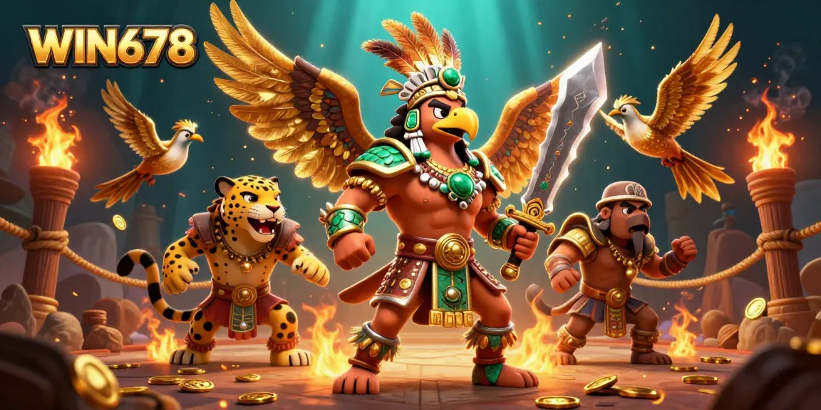 Experience the excitement of WIN678 with Aztec warriors amid vibrant casino elements.