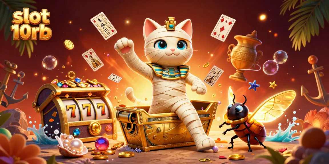 Spin the slot 10rb reels with the lucky Egyptian mummy cat in this vibrant casino illustration.