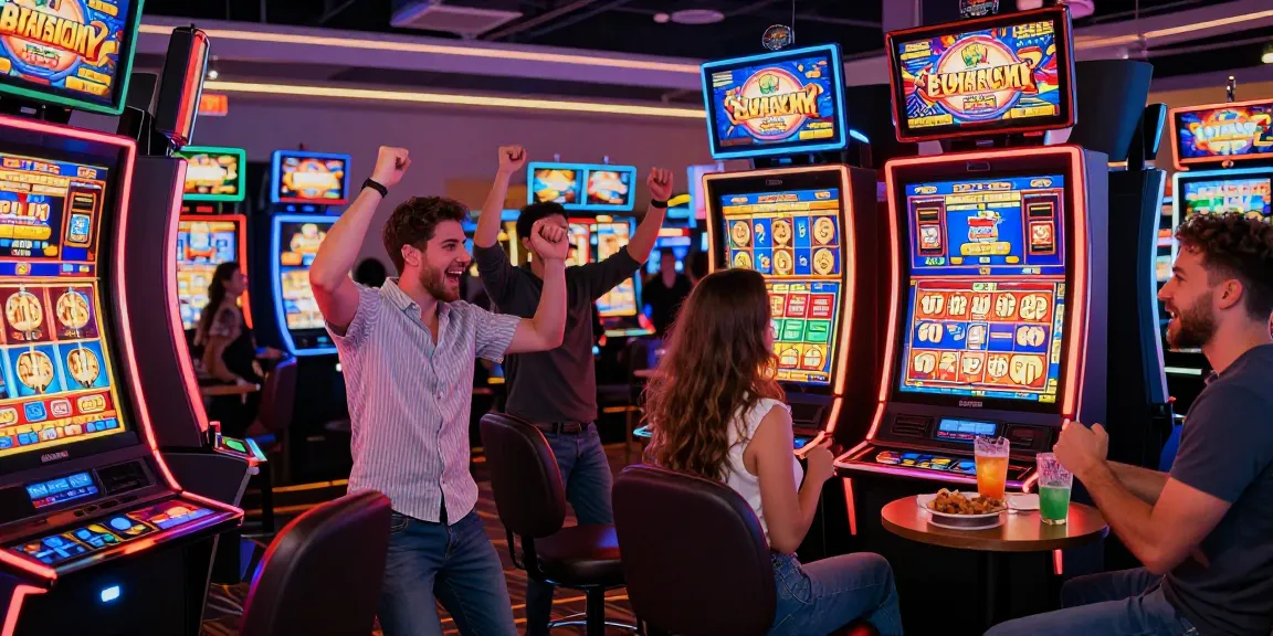 Slot gacor di kasino modern dengan teman merayakan kemenangan besar.