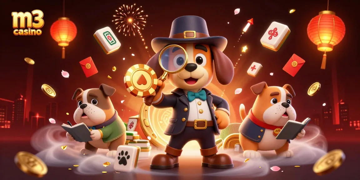 Immerse in the excitement of m3 casino with a dog detective uncovering treasures amid vibrant casino elements.