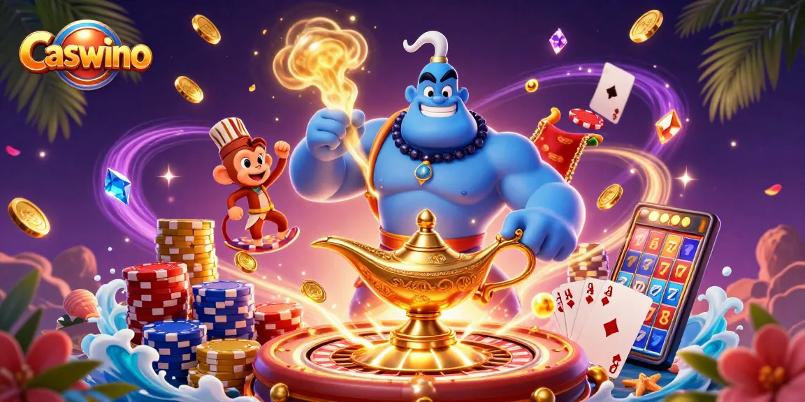 Experience the excitement of Caswino Casino with a magical scene featuring vibrant characters and casino elements.