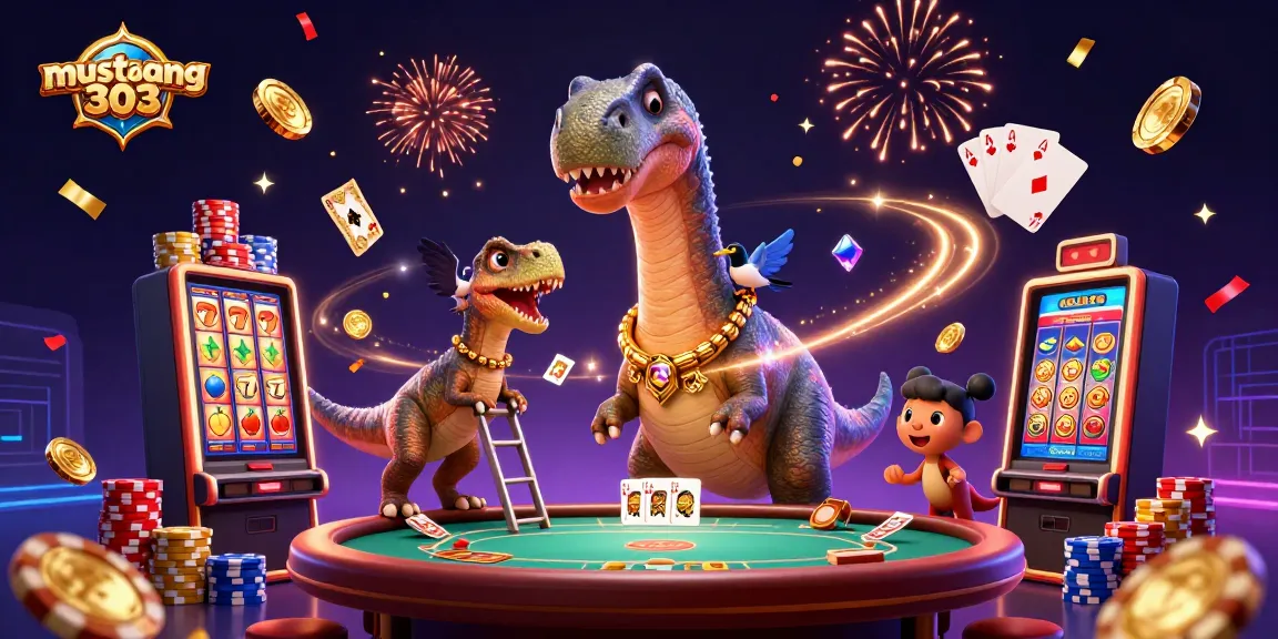 Join the thrilling game action at mustang303 with a vibrant casino scene featuring a dinosaur and cards.