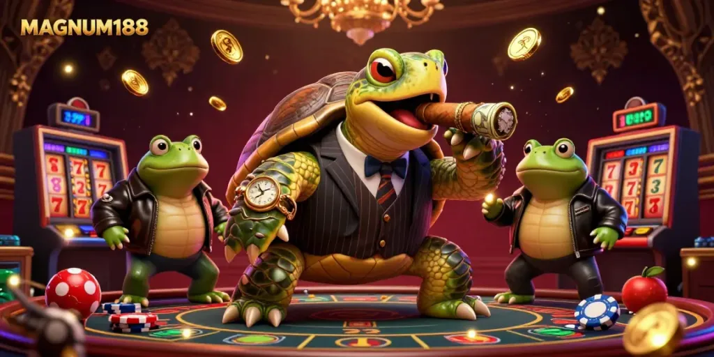 Engage in MAGNUM188 slot adventures with a 3D snapping turtle mobster and dynamic winning elements.
