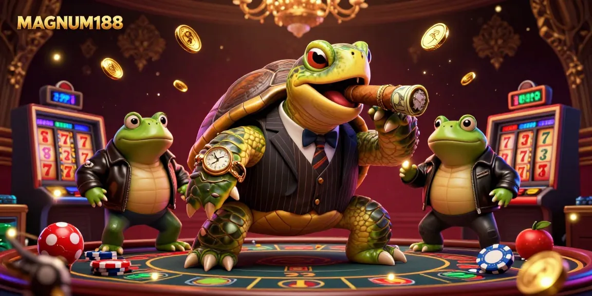 Engage in MAGNUM188 slot adventures with a 3D snapping turtle mobster and dynamic winning elements.