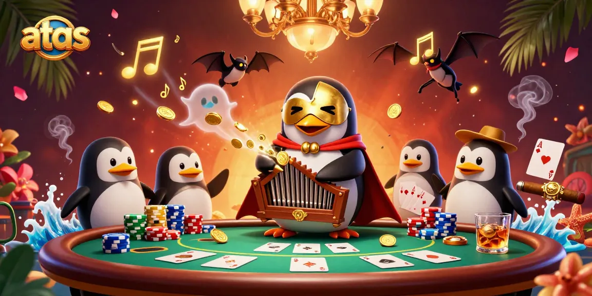 Engage with the exciting gameplay at atas, featuring a penguin organist amidst dynamic poker visuals.