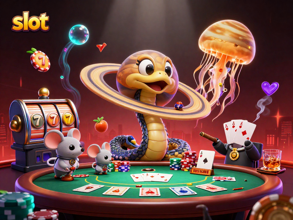 Slot dengan ular Saturnus dan dealer ubur-ubur menghidupkan suasana kasino yang berwarna-warni.