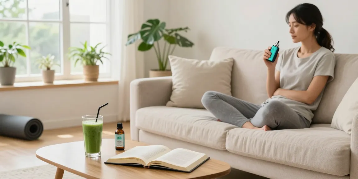 Lost Mary BM6000 vape device with CBD oil and wellness items in a tranquil living room setting.