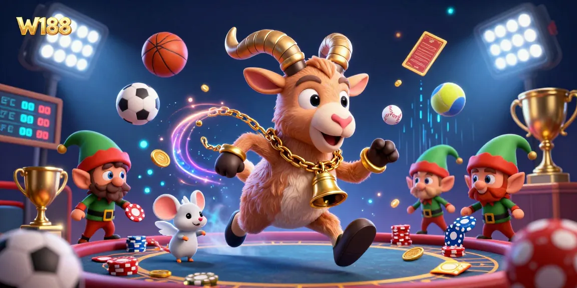 Experience thrilling gameplay at W188 with festive characters stealing chips in a vibrant casino scene.