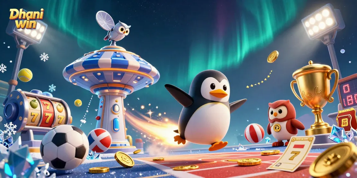 Dhani win showcases a dynamic scene with a golden penguin and casino elements for vibrant gaming action.