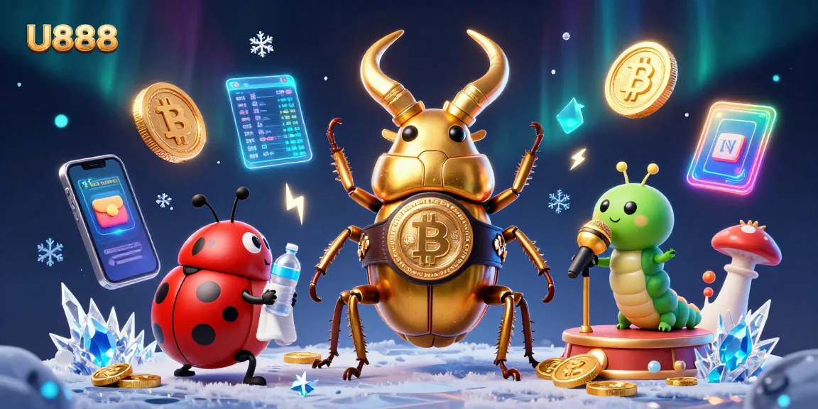 U888 characters engaging in a crypto-themed casino illustration filled with vibrant gaming elements.