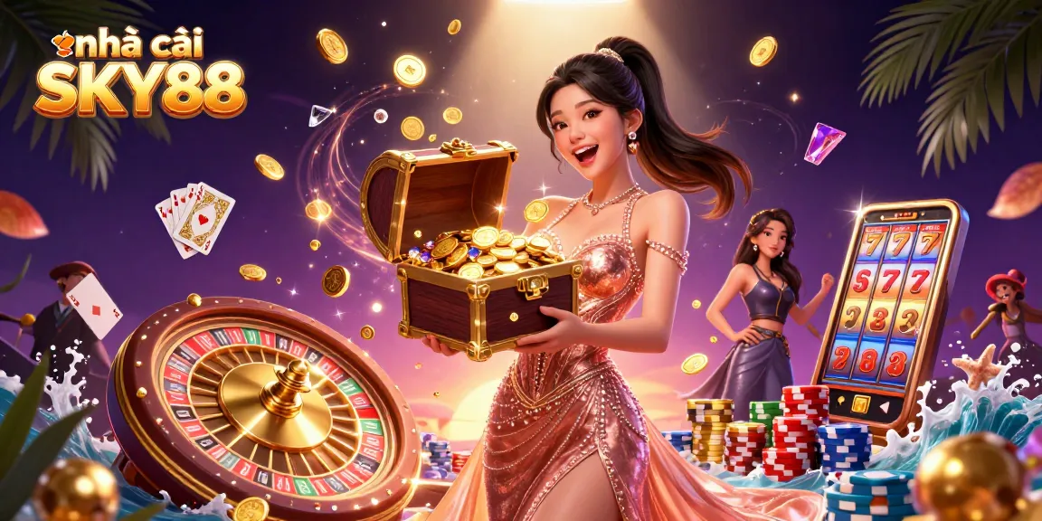 Experience vibrant gaming excitement at nhà cái SKY88 with spinning roulette and golden treasures.